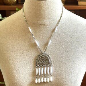 Vintage Silver Chandelier Pendant Necklace With White Beads & Teardrop Accents